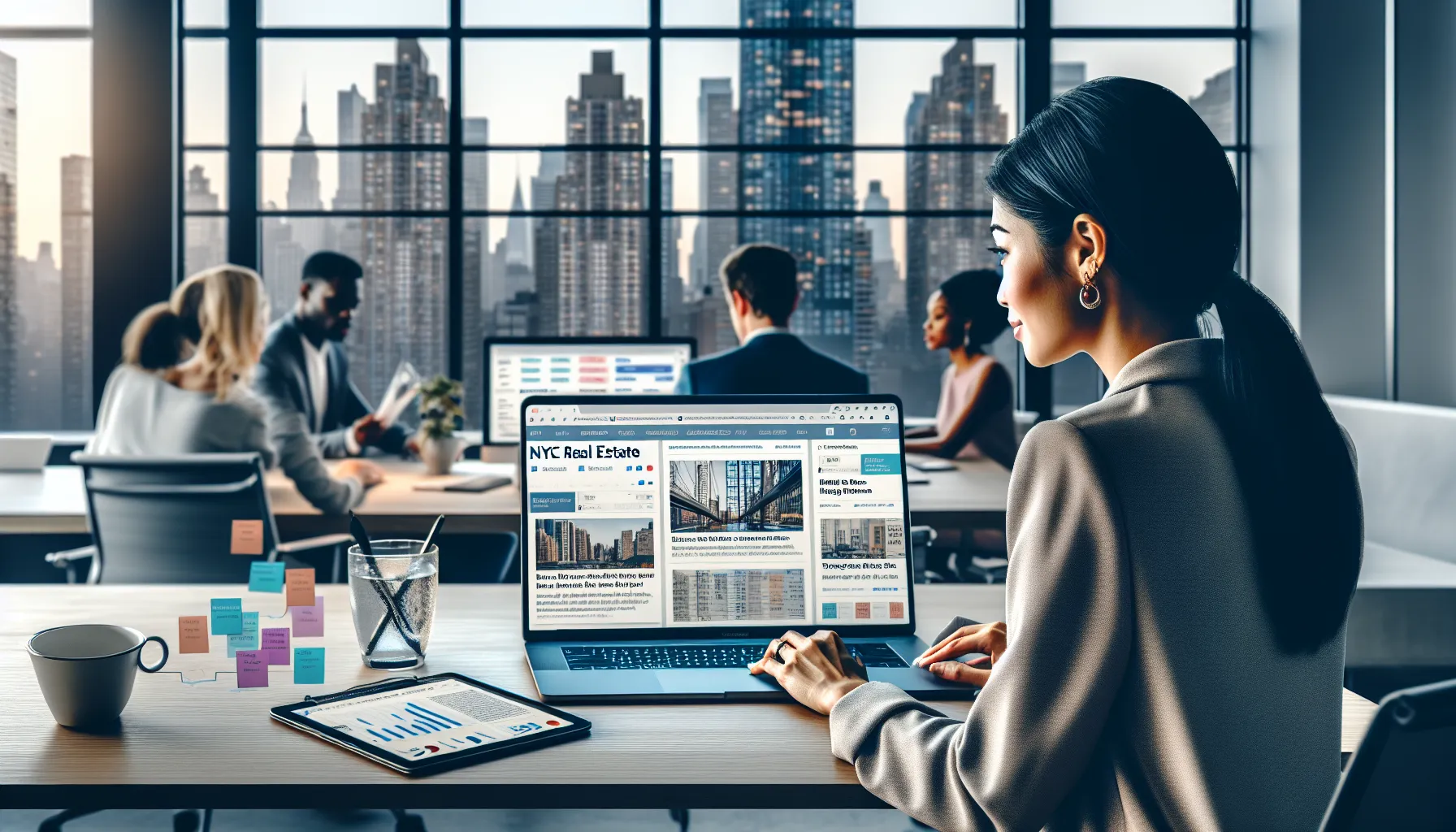Professional in NYC office analyzing real estate blogs and data on multiple screens.