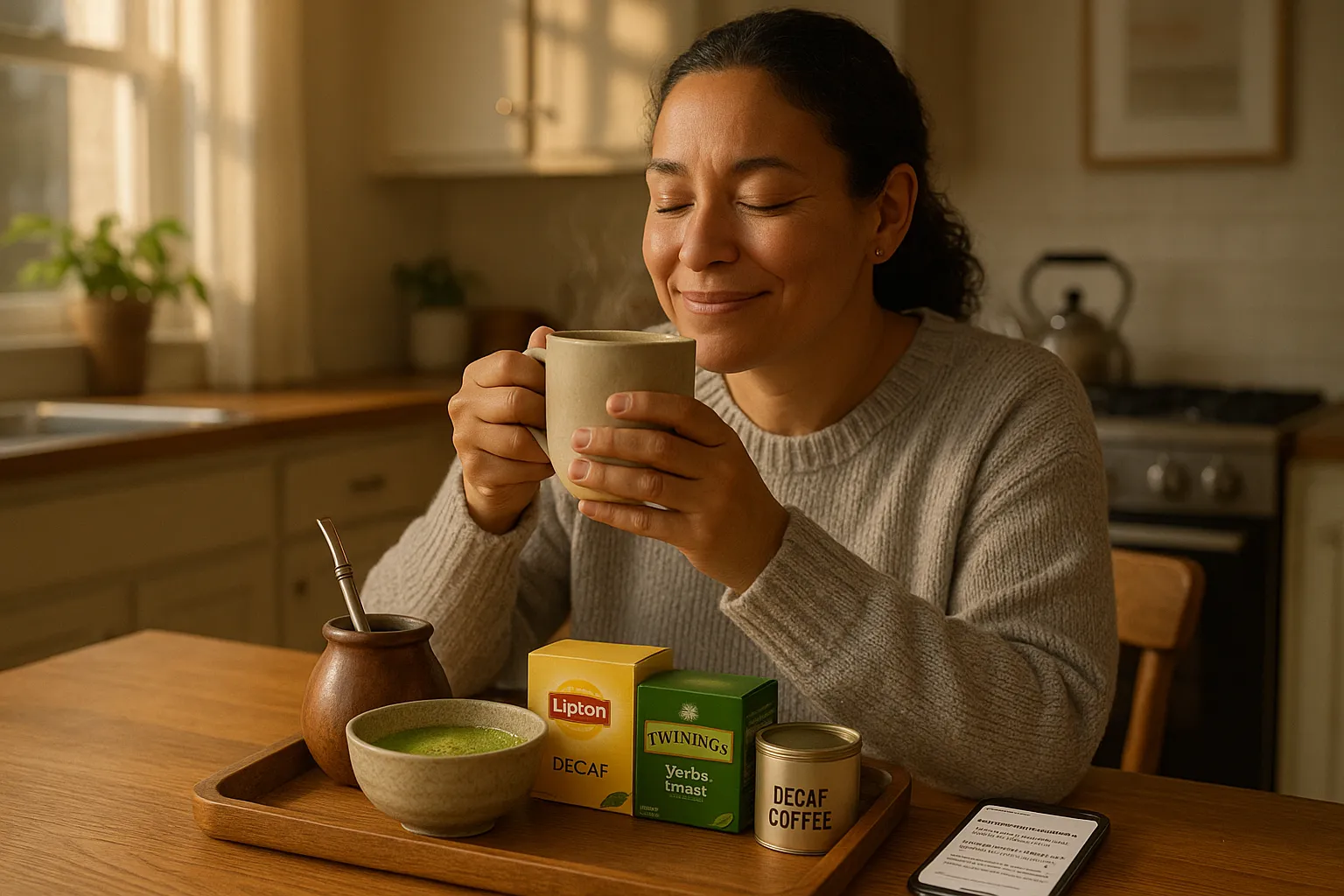 Person enjoying a steaming alternative drink with matcha and yerba mate nearby.