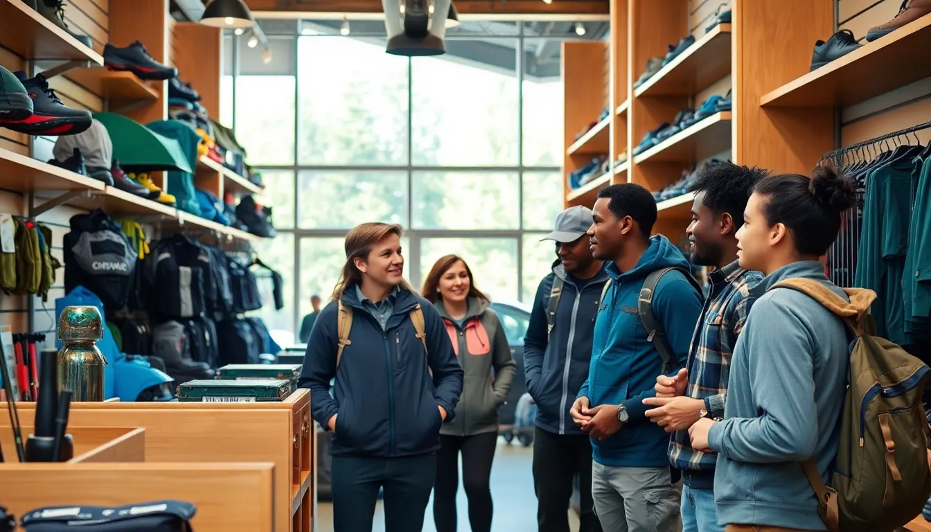 diverse group exploring outdoor gear in a retail store.