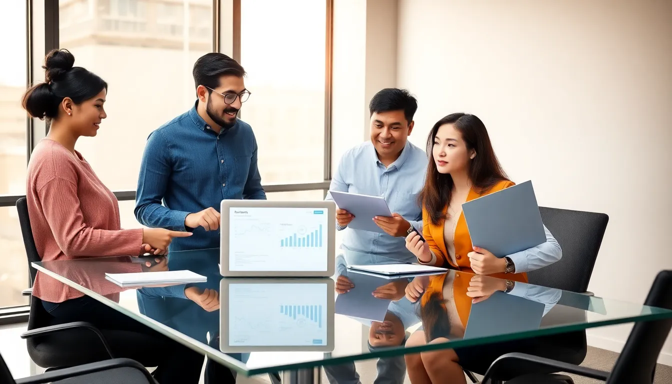 diverse professionals discussing accounting concepts in a modern office.