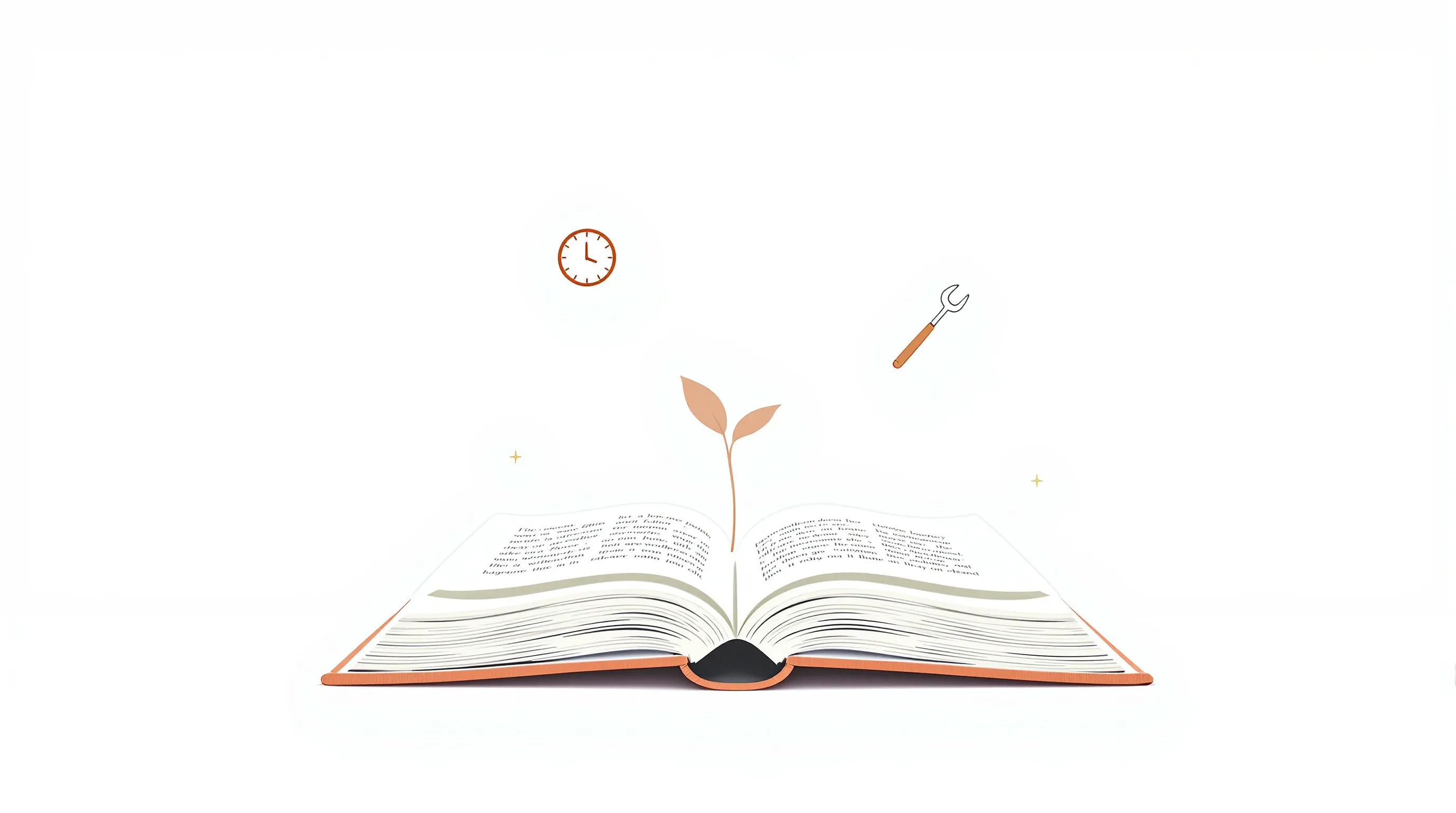 Open book with minimal icons representing wisdom, patience, and purposeful action.