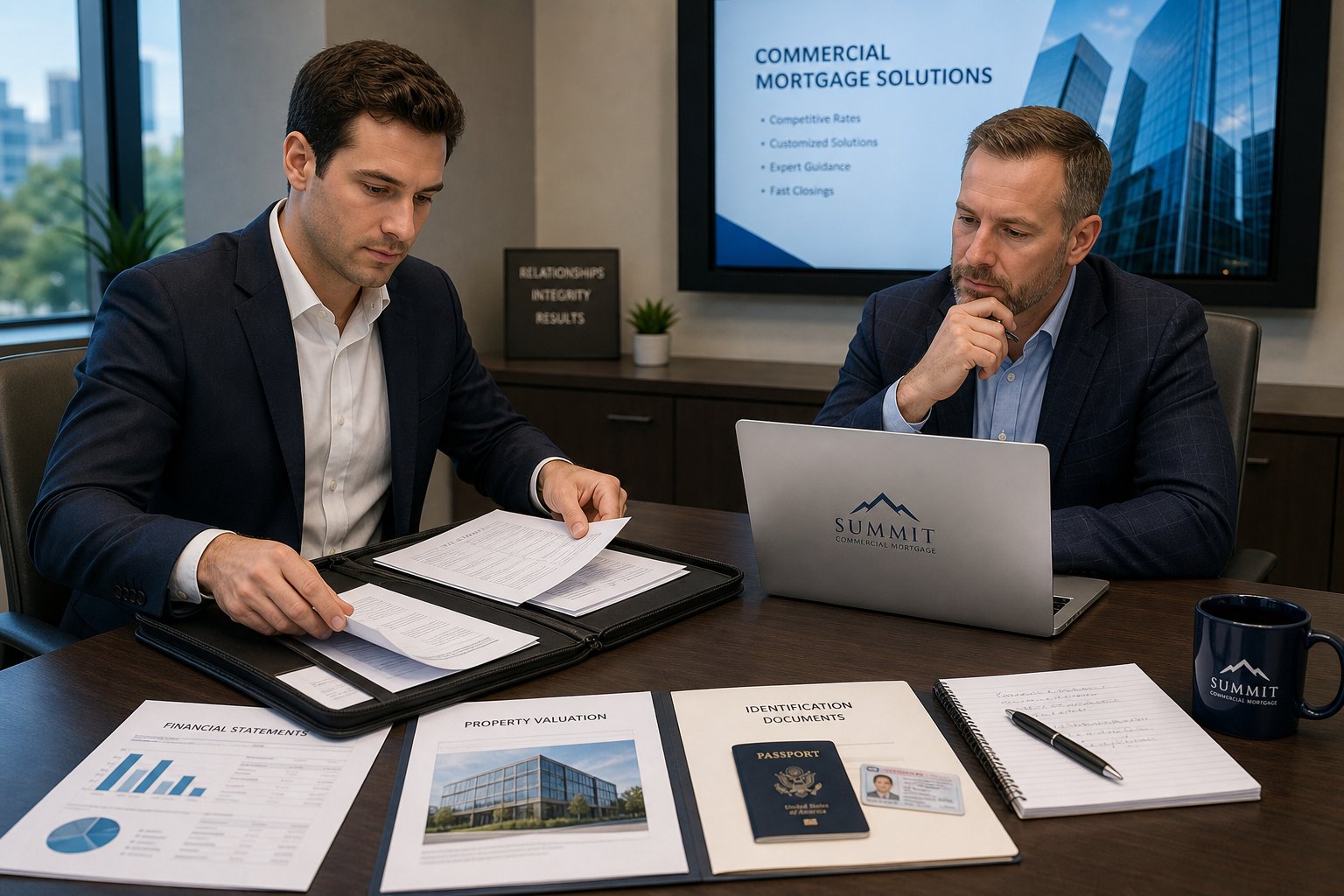 Applicant and broker organizing financial and property documents for a mortgage application.