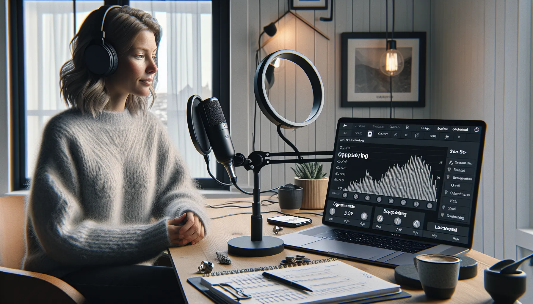Norwegian woman recording an online course at home, sales dashboard on laptop.