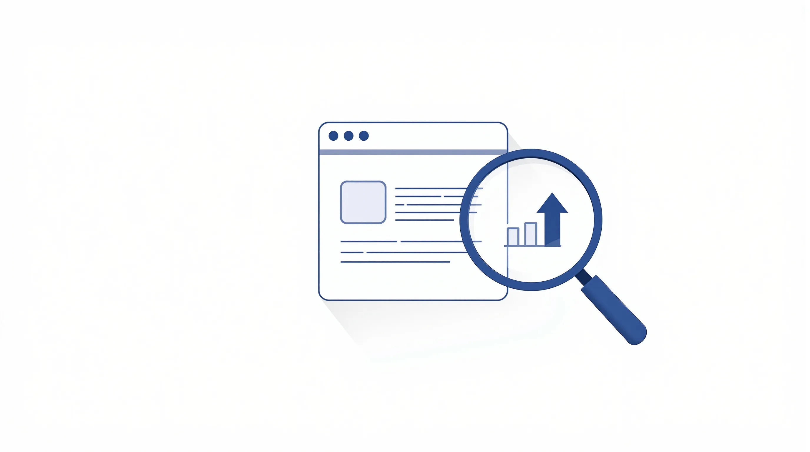 Magnifying glass over simplified webpage outline with upward arrow on white background.