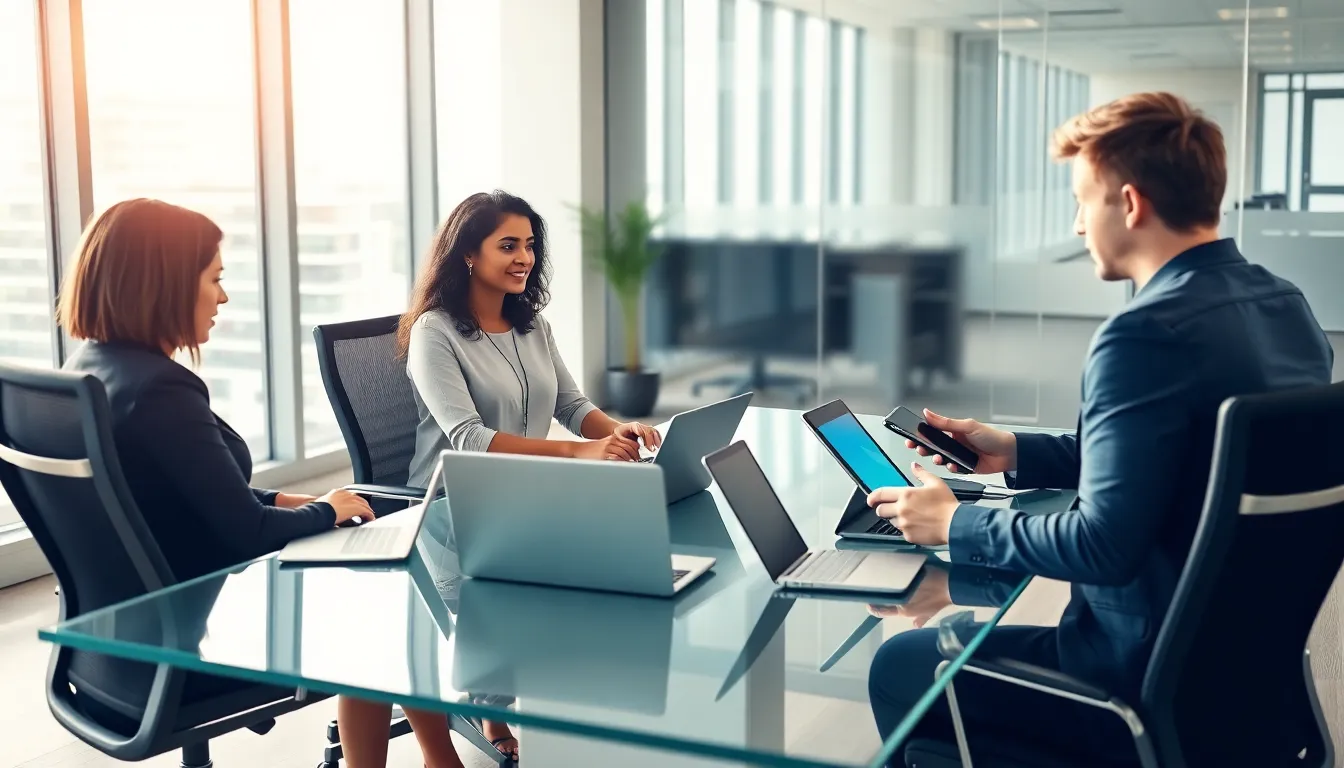 professionals discussing posture in a modern office setting.