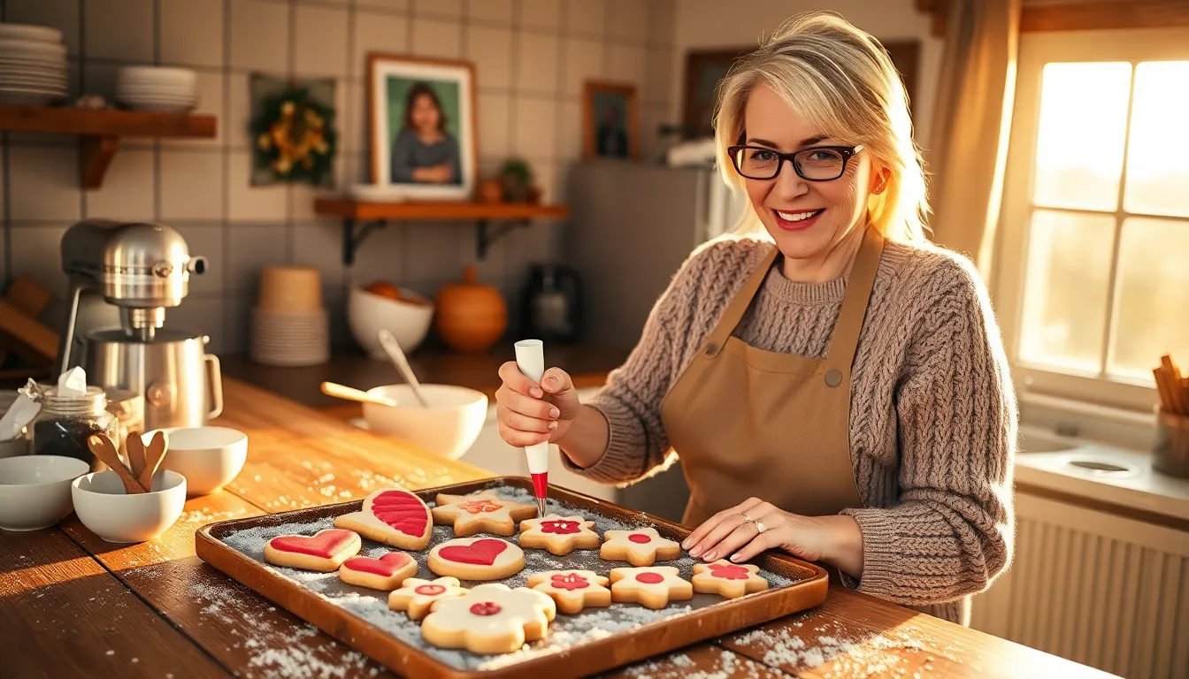 A woman decorating cookies in a cozy kitchen, filled with warmth and joy.