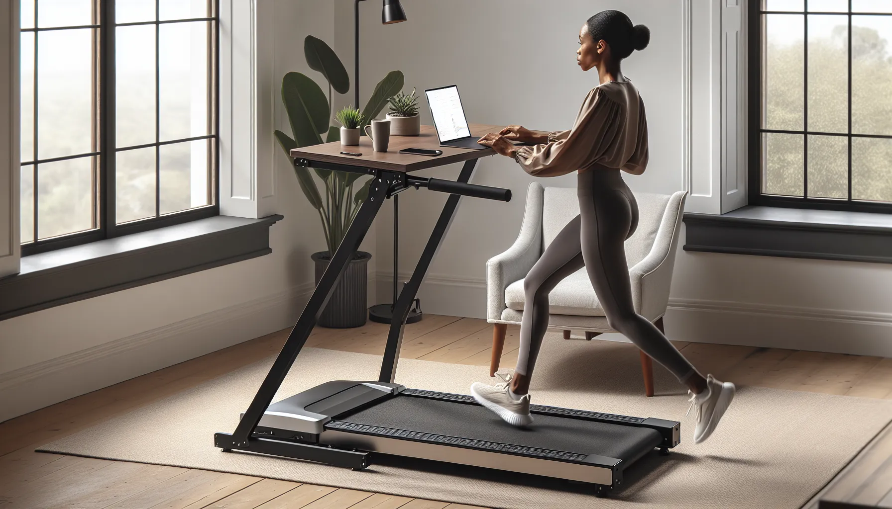 Professional walking at a folding treadmill desk in a sunlit home office.