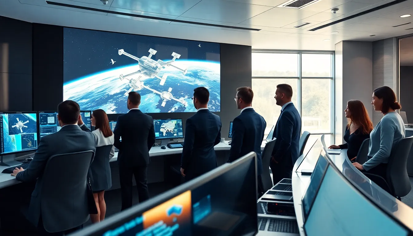 diverse professionals in a modern control room monitoring space technology.