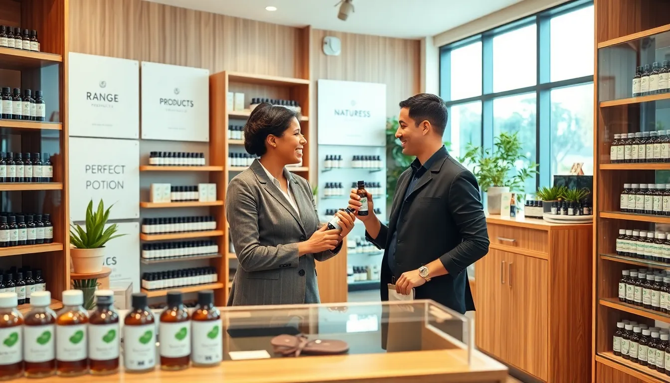 Store staff helping customer choose essential oils in modern Perth shop.