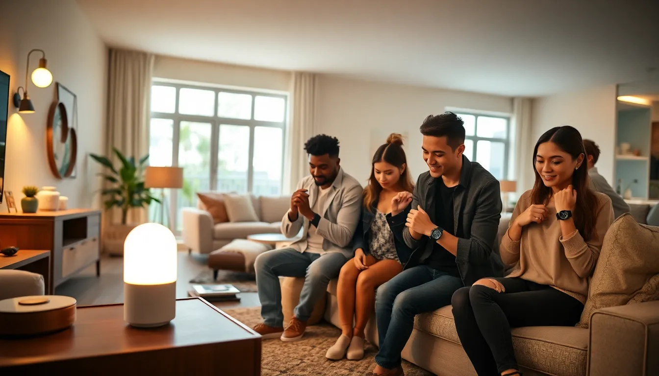 people engaging with smart home and wearable tech in a modern living room.