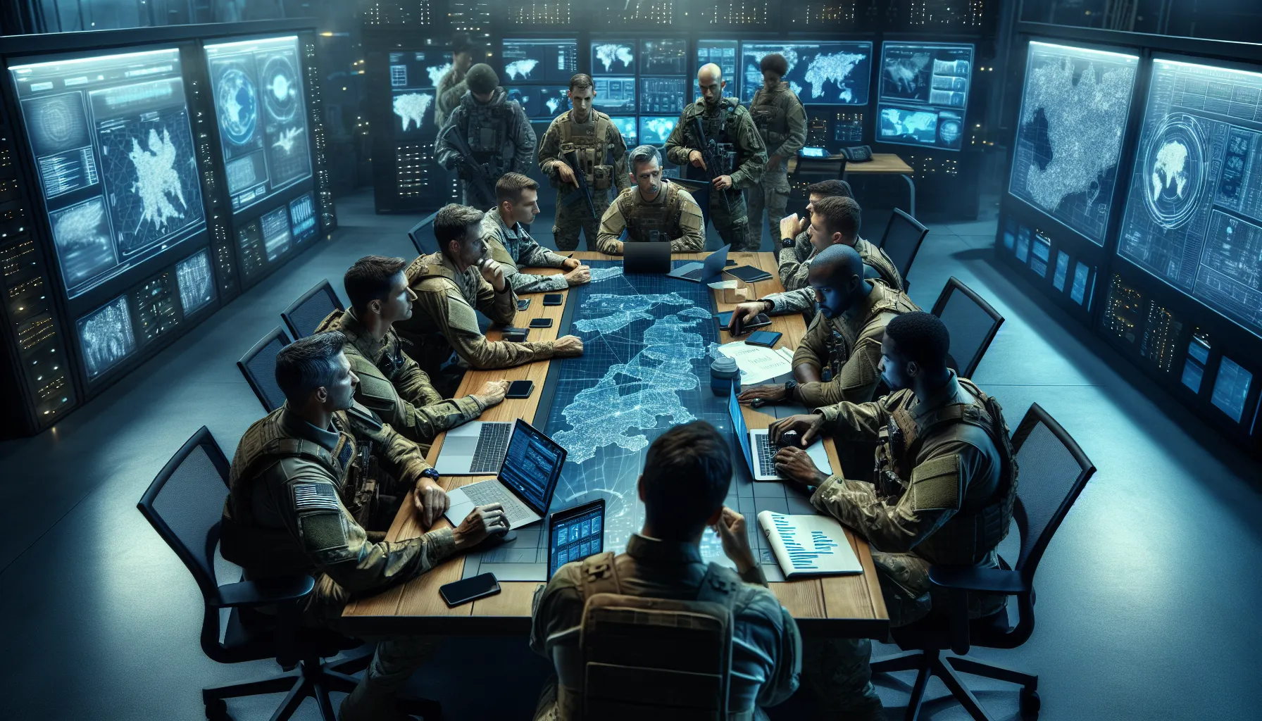 military professionals collaborating in a high-tech operation center.