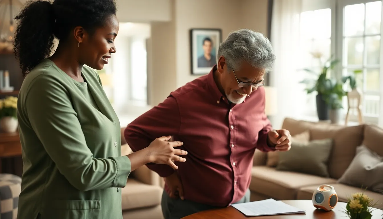 caregiver assisting elderly man in a cozy home setting.