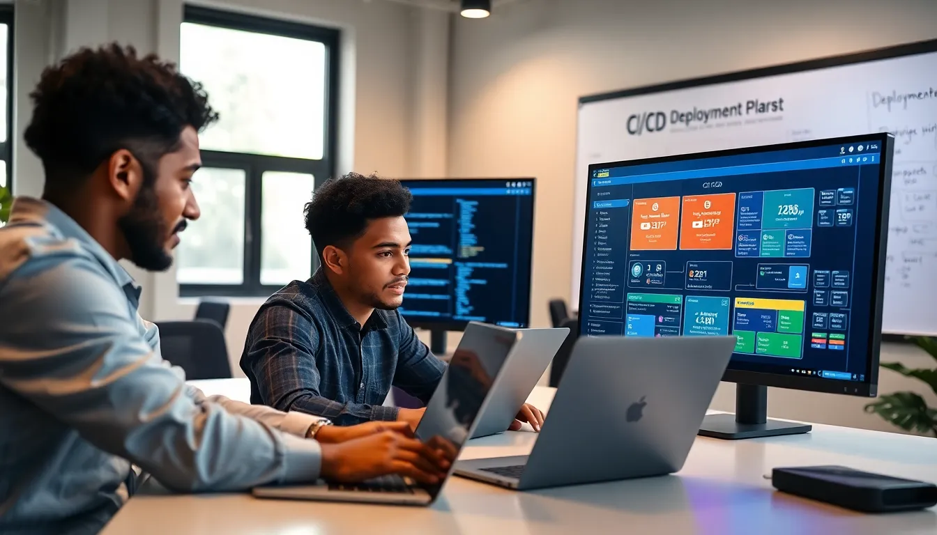 diverse IT team collaborating on automated software deployment tasks.