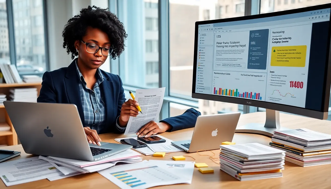 A professional reviewing printed reports and digital research on a bright office desk.