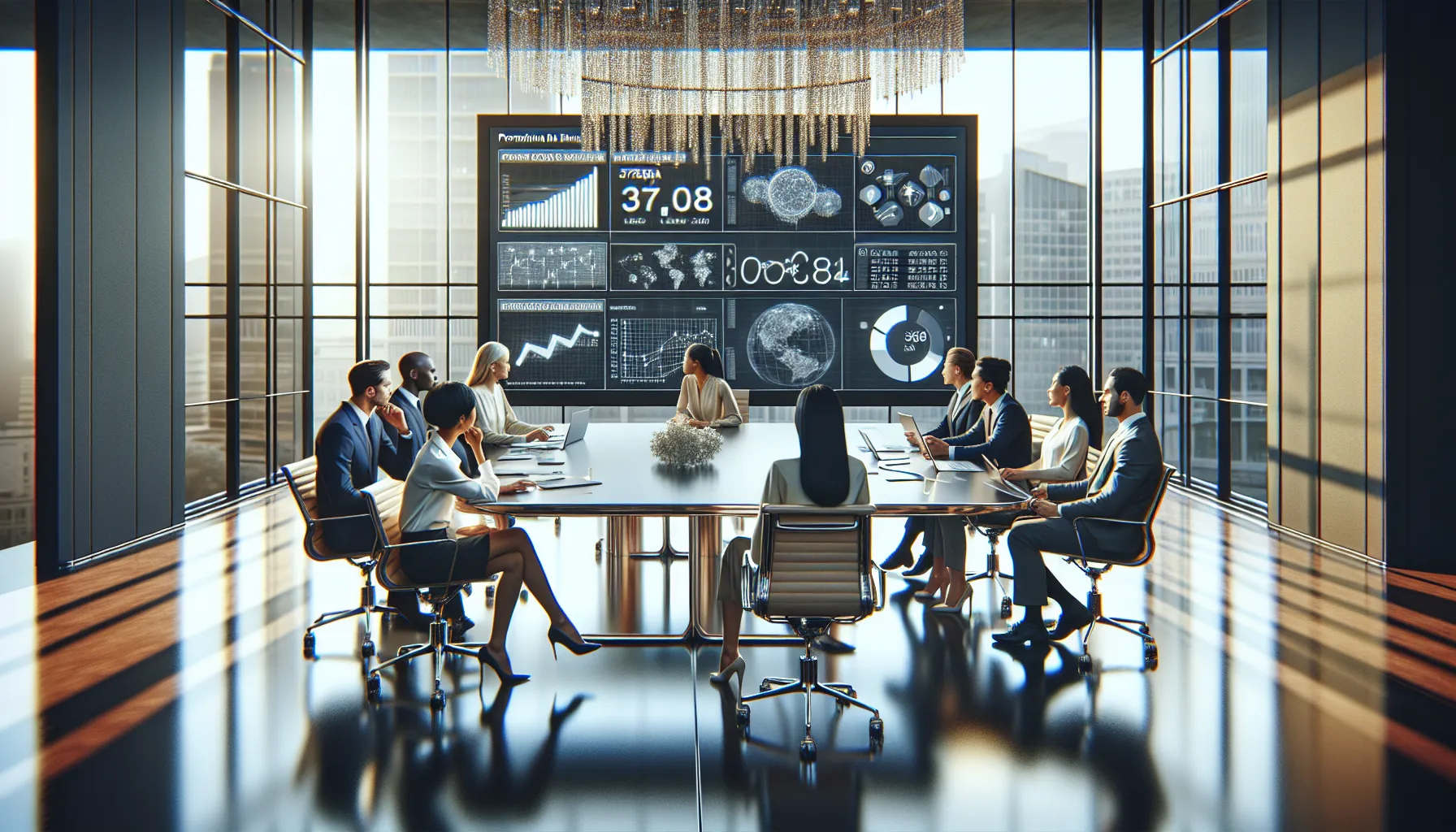 diverse professionals collaborating in a modern office on data analysis.