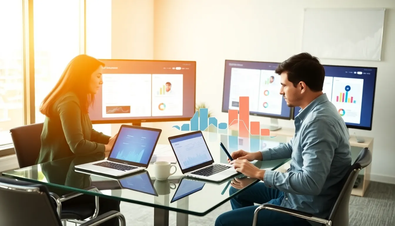 professionals using offline website builder software in a modern office.