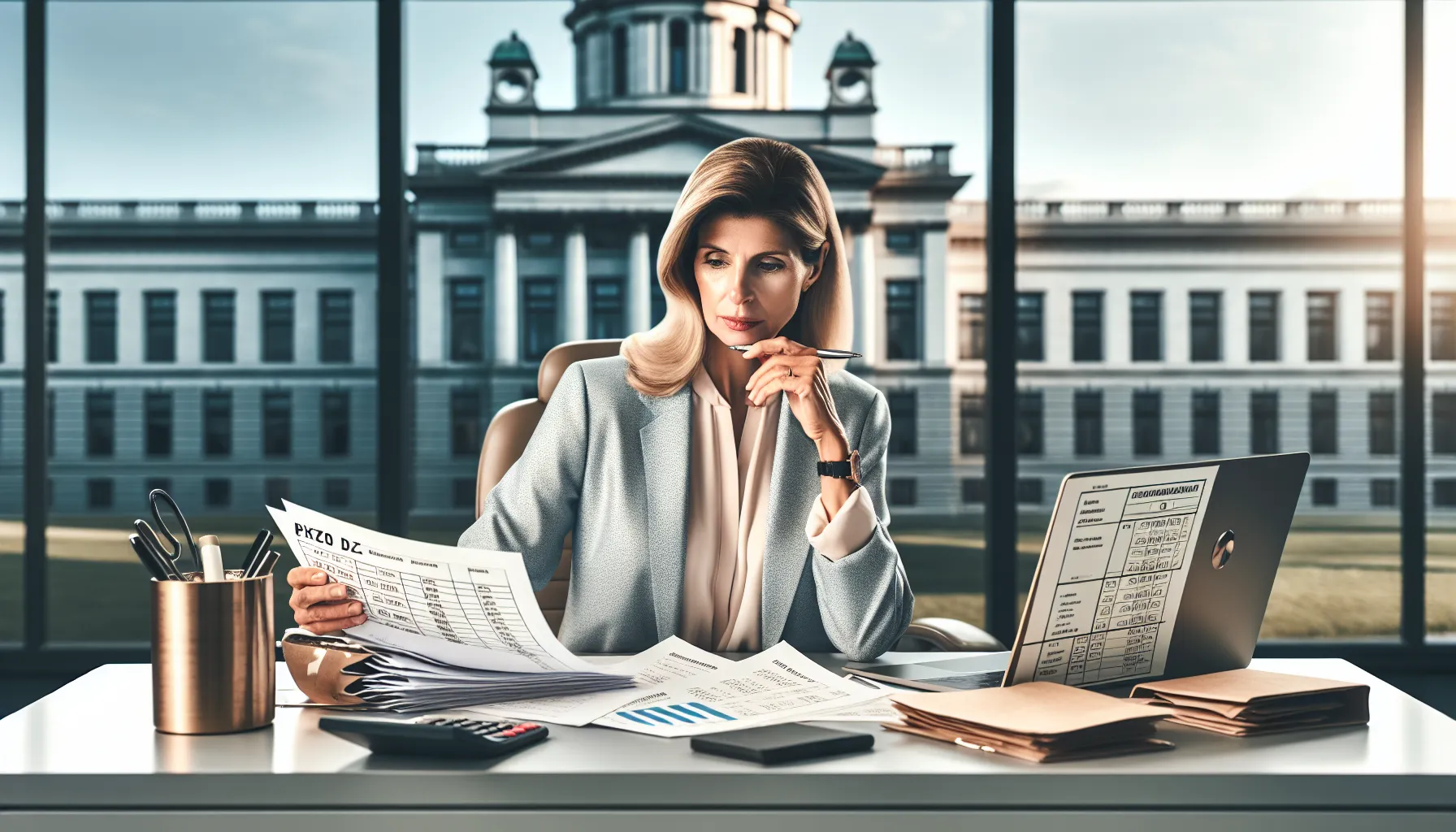 Croatian woman reviewing pension documents at modern office desk