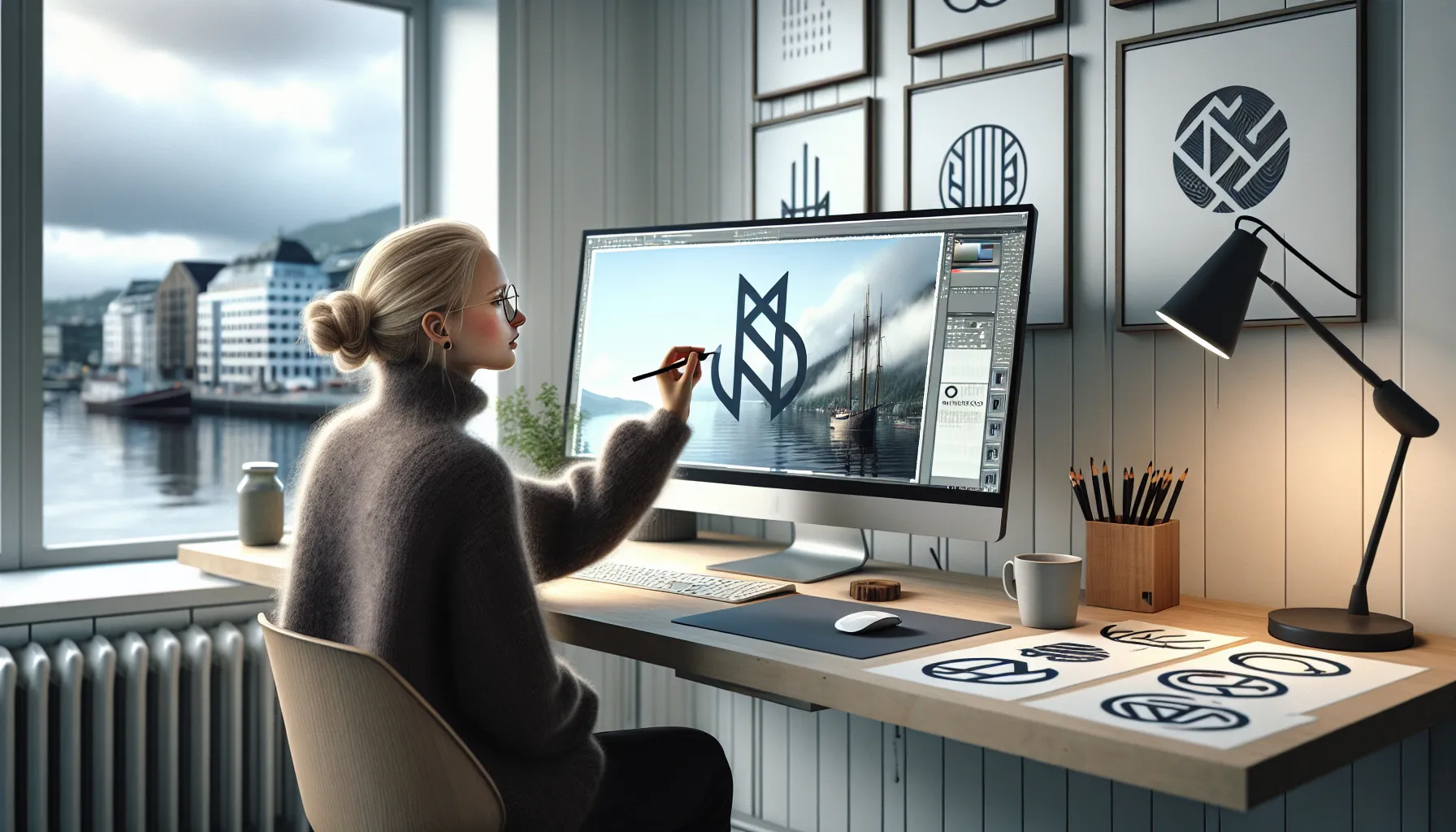 Norwegian designer refining a negative space logo on a monitor in a modern studio.