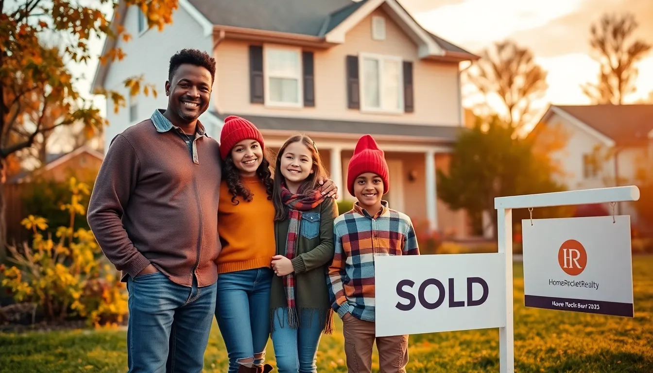 a happy family in front of their new home with a 'Sold' sign.