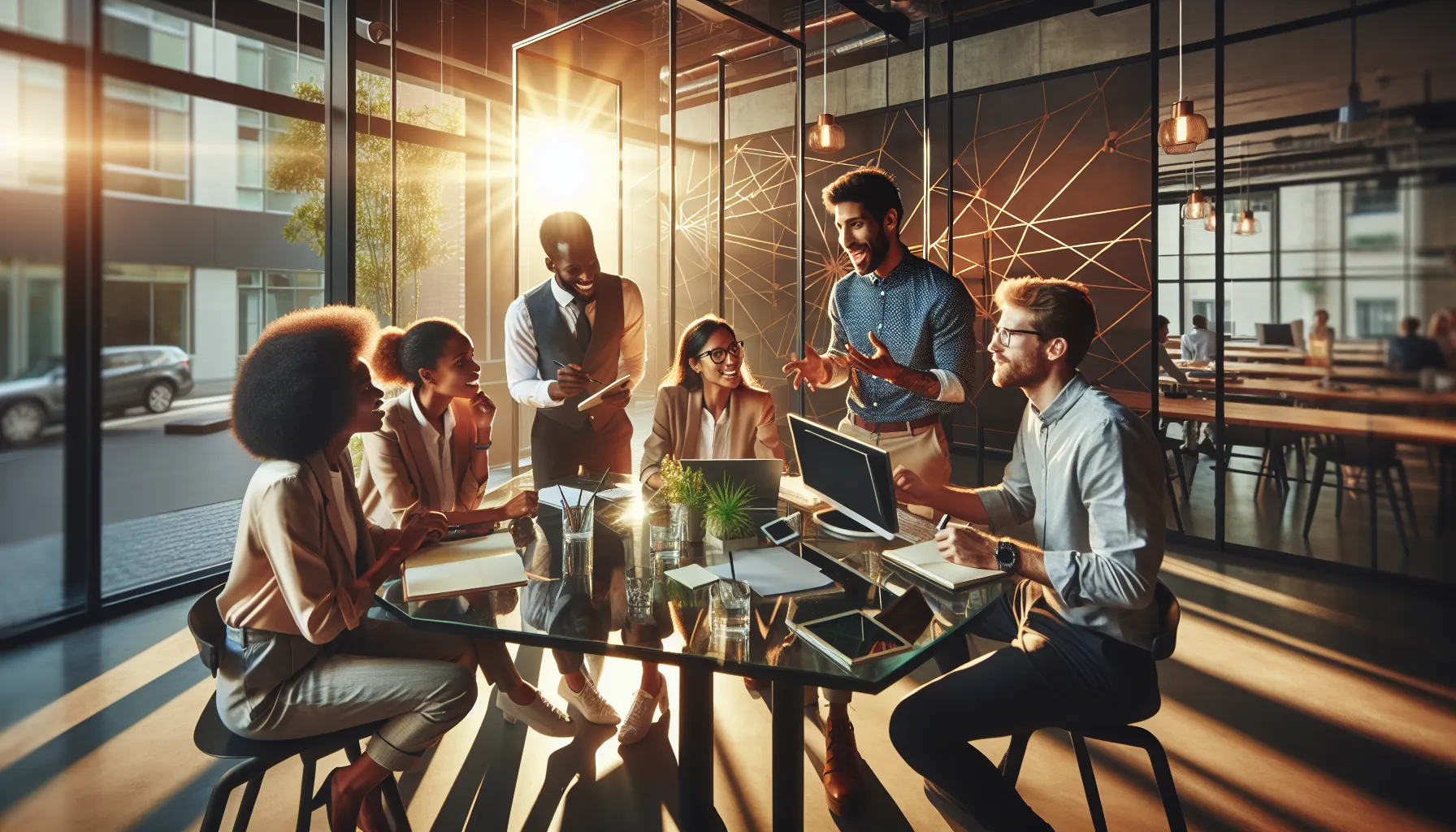 diverse group collaborating in a modern co-working space.