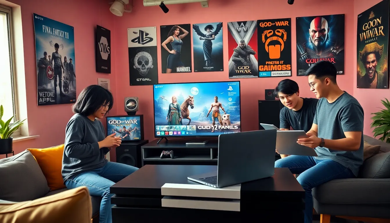 diverse gamers discussing upcoming PlayStation 4 games in a modern studio.