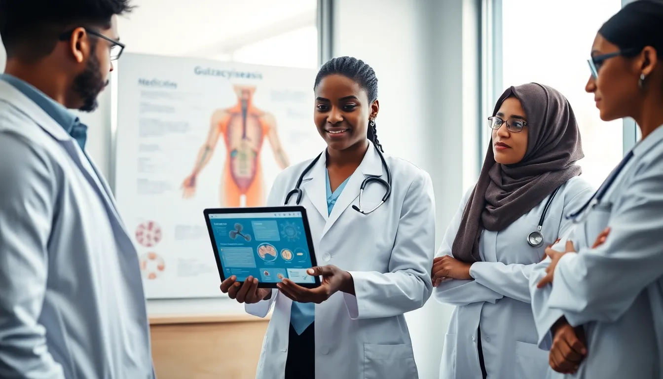 healthcare professionals discussing a rare medical condition in a modern office.