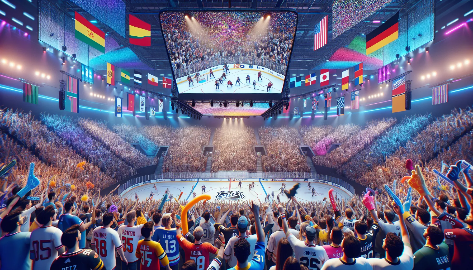 diverse hockey fans celebrating in an electrifying arena.