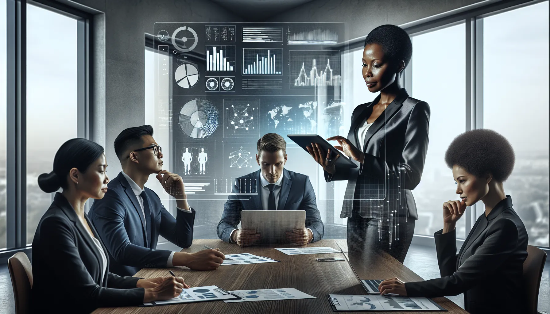 diverse professionals discussing numbers in a modern office setting.