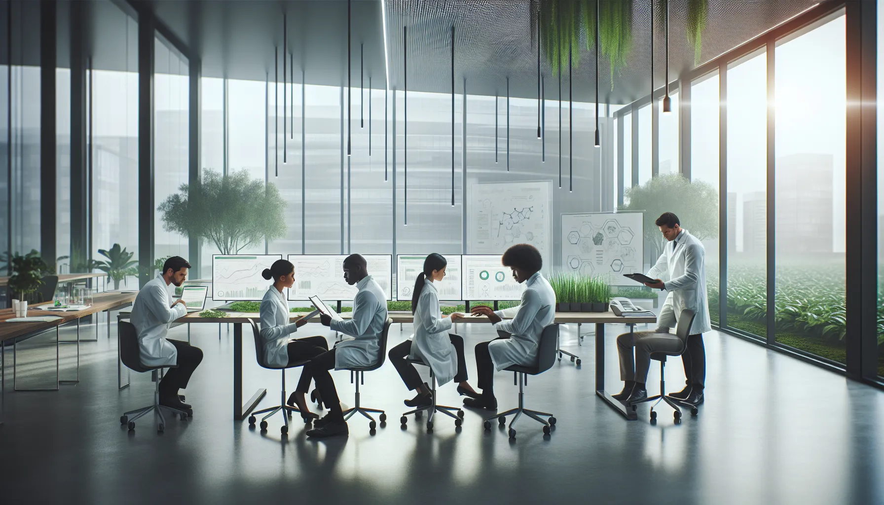 diverse team of researchers studying environmental data on pertostrums.