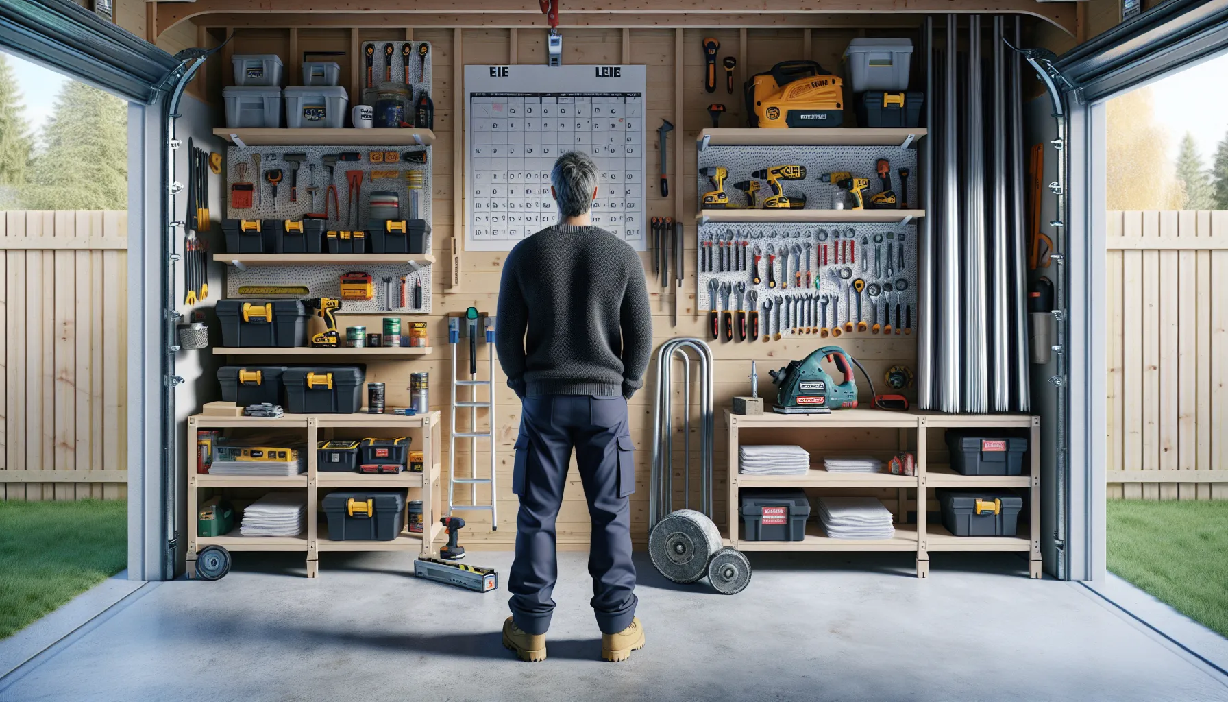 Norwegian homeowner compares rented heavy tools and owned basics in a garage.