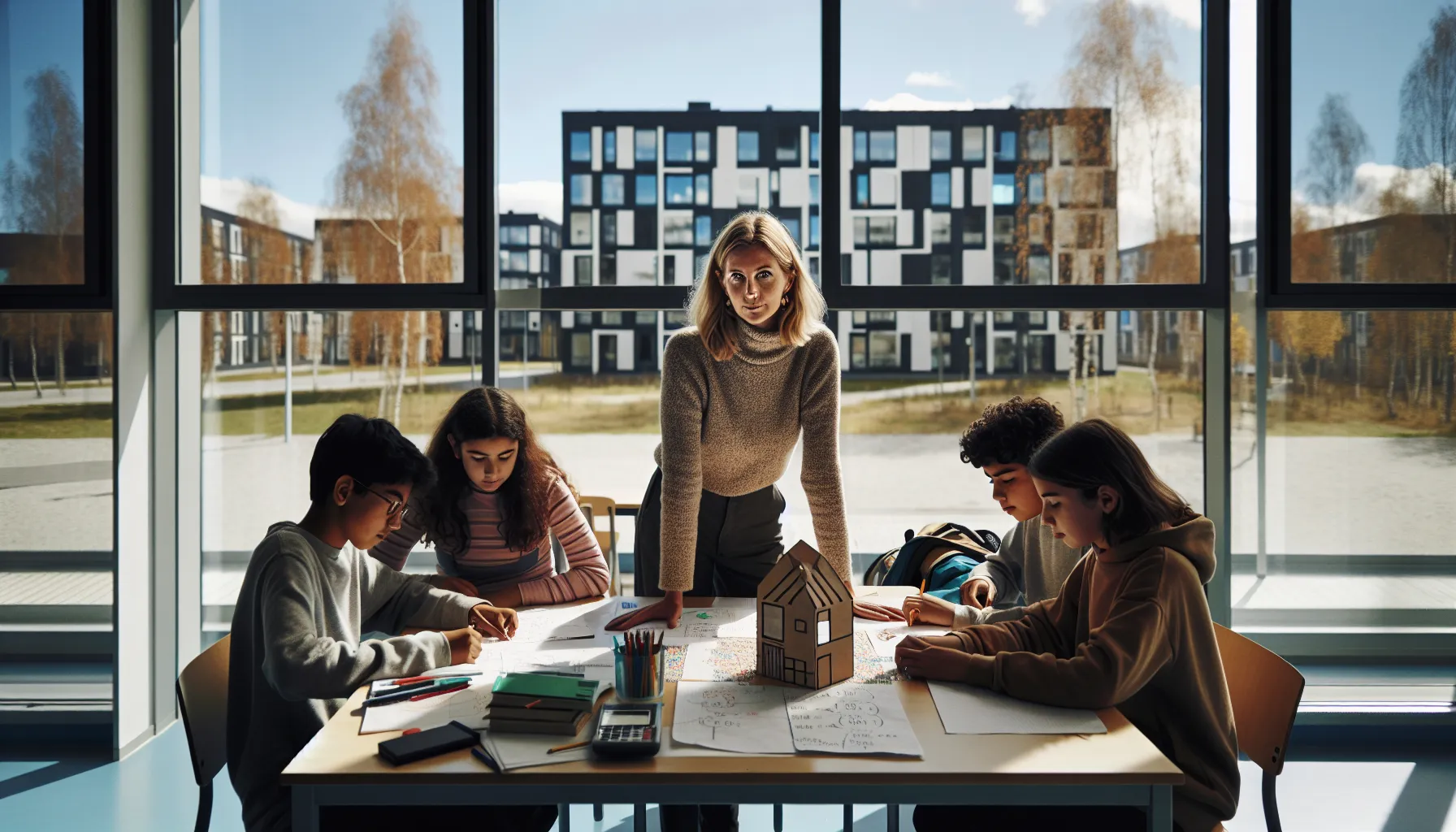 Norwegian teacher guiding students in a collaborative, creative project in a bright classroom.
