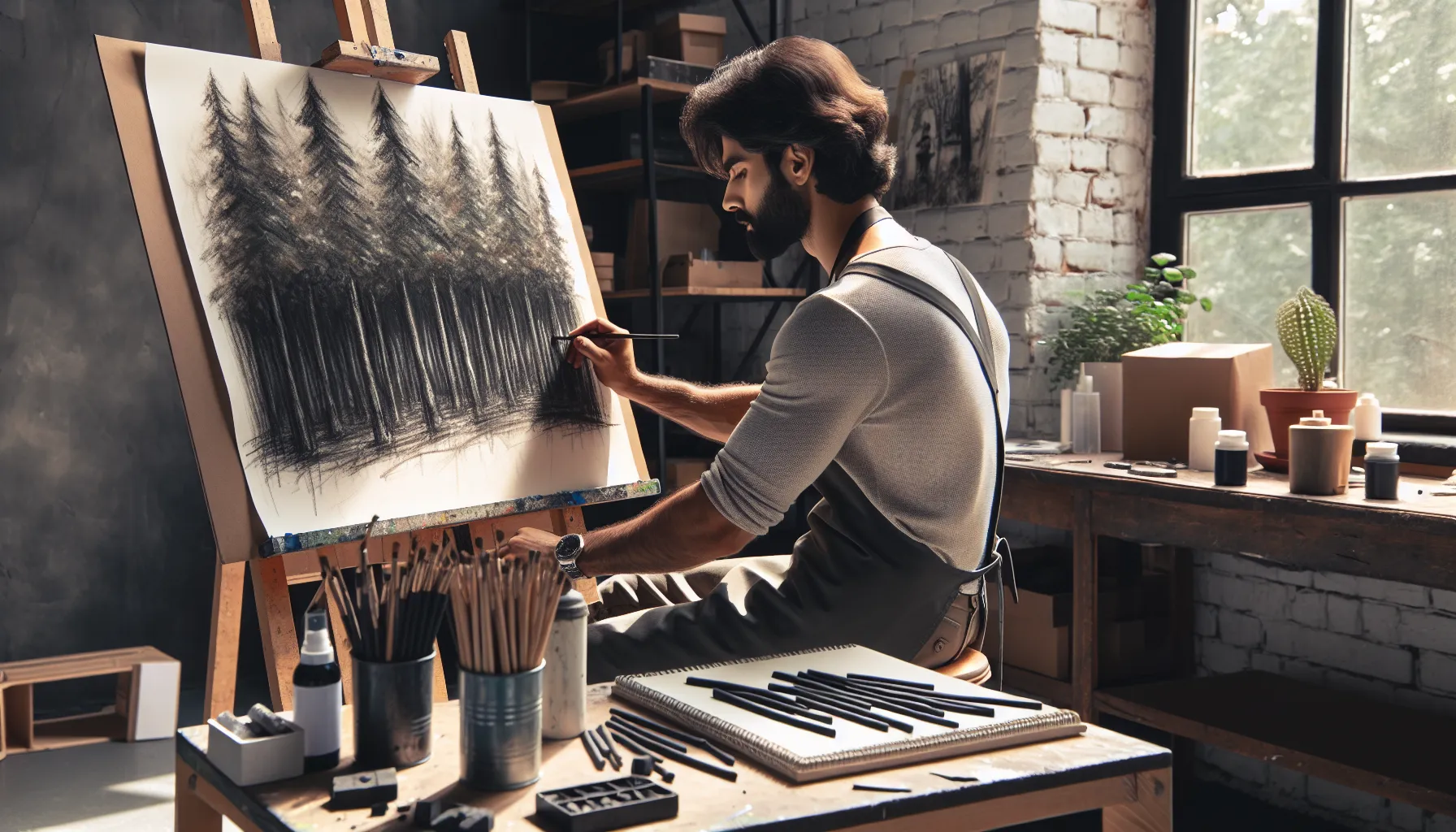 An artist working with charcoal tools on a detailed sketch in a studio setting.