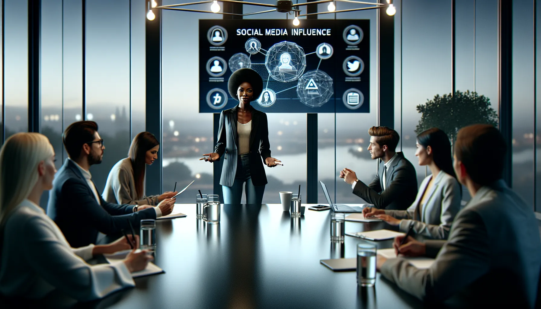 professionals discussing the impact of influencer culture in a modern meeting room.