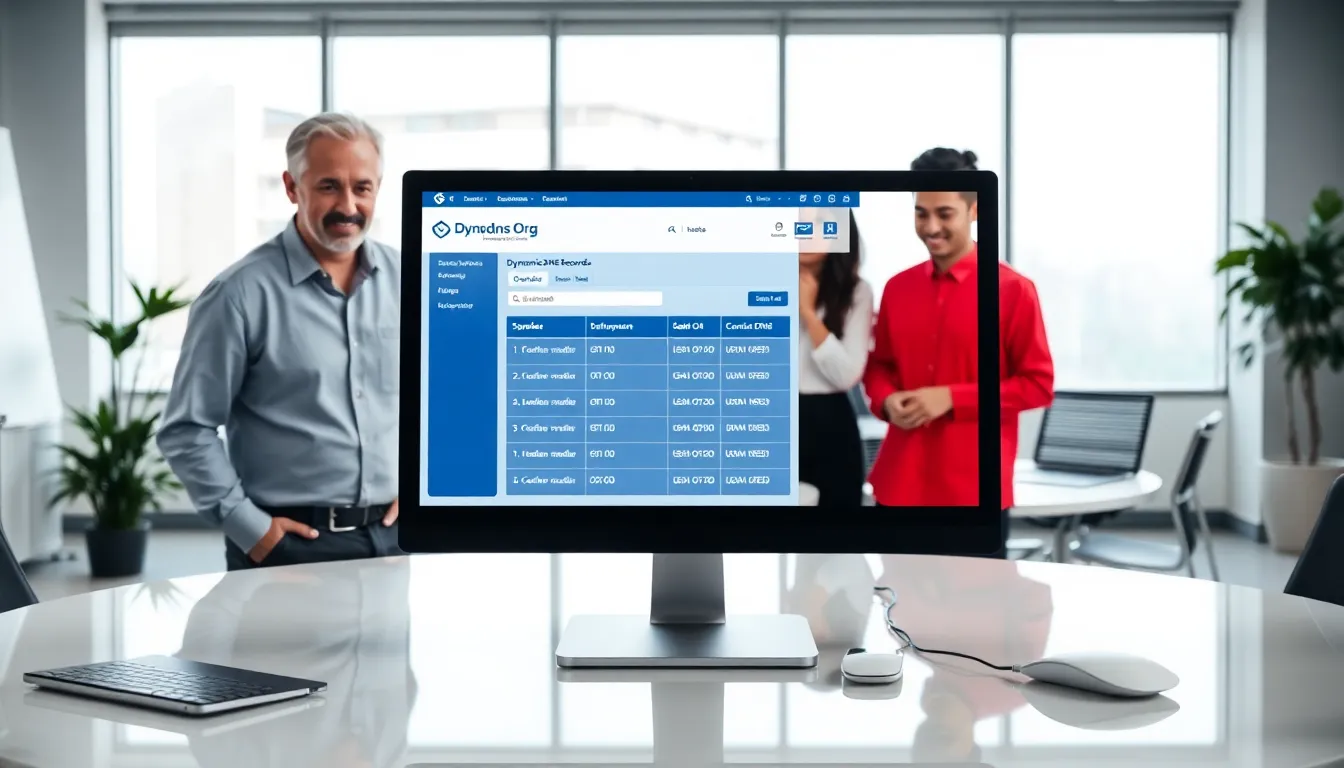 professionals collaborating in a modern office with tech displays.