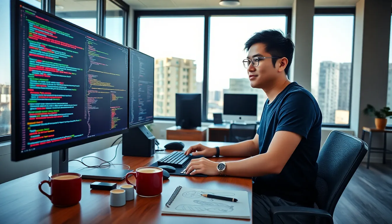 a developer coding on dual monitors in a modern office setting.