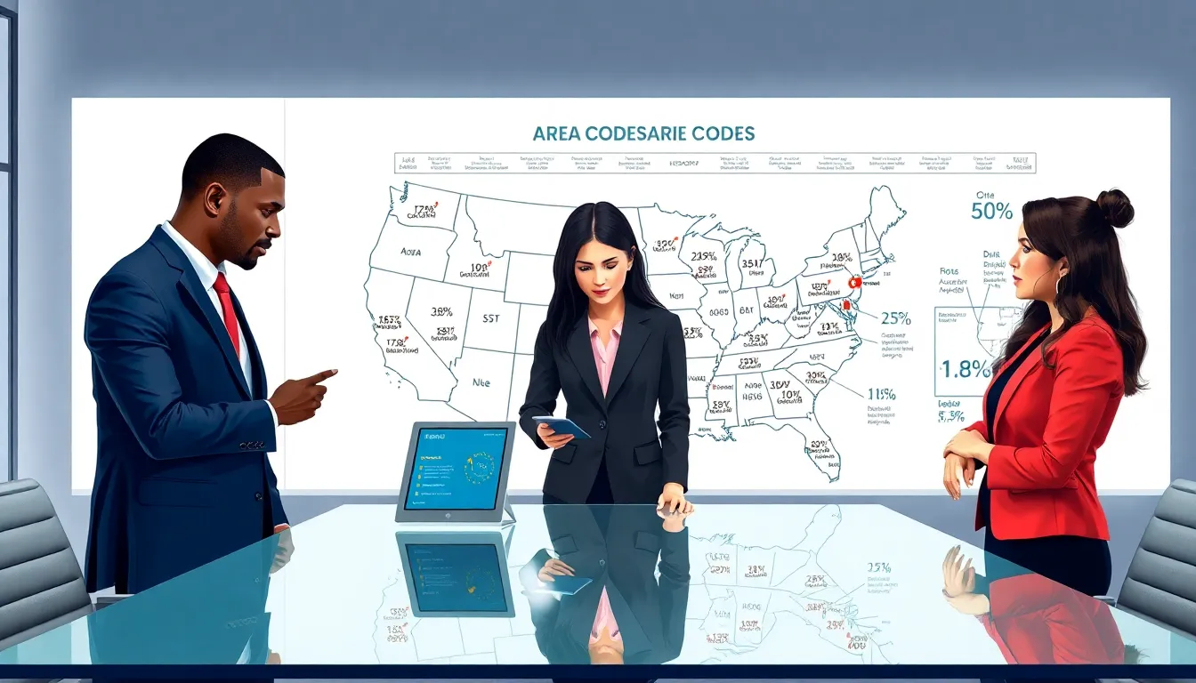 diverse team discussing area codes in a modern office.