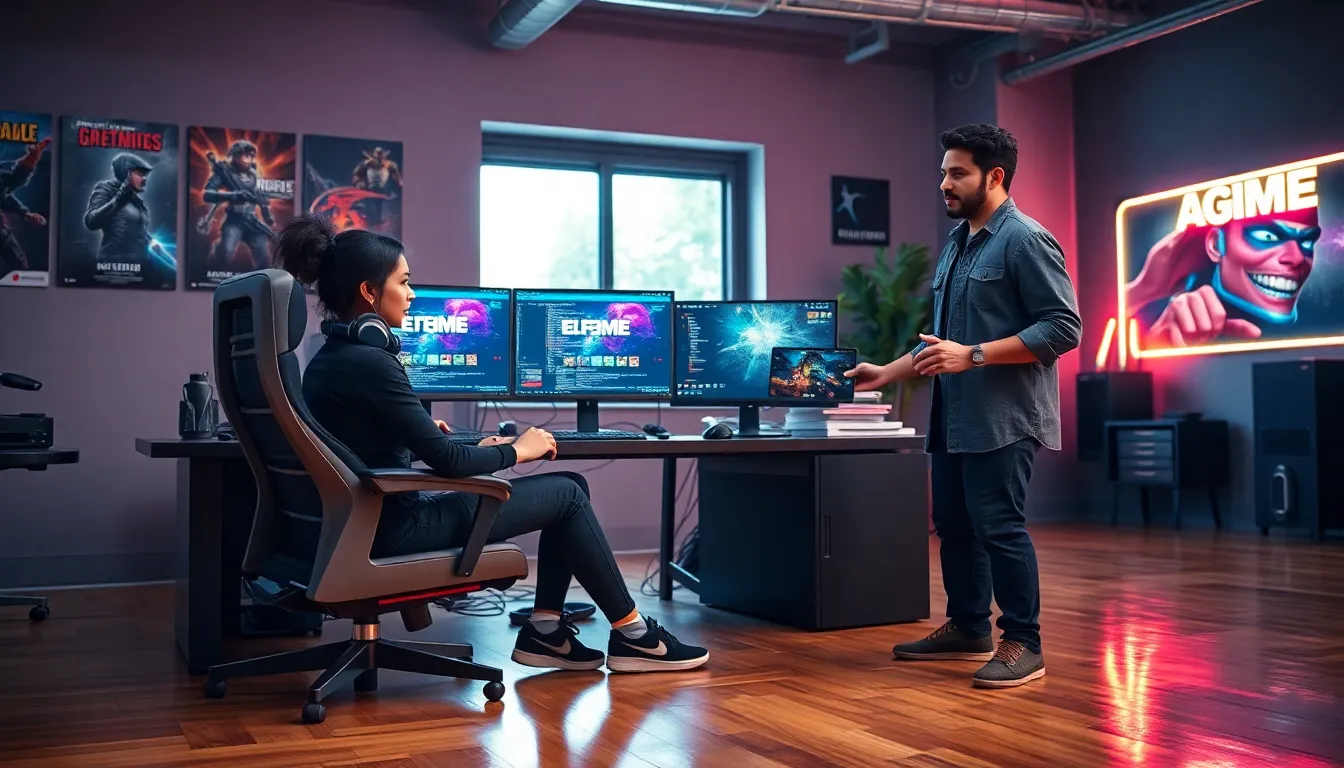 two game developers collaborating in a vibrant studio on a new game.