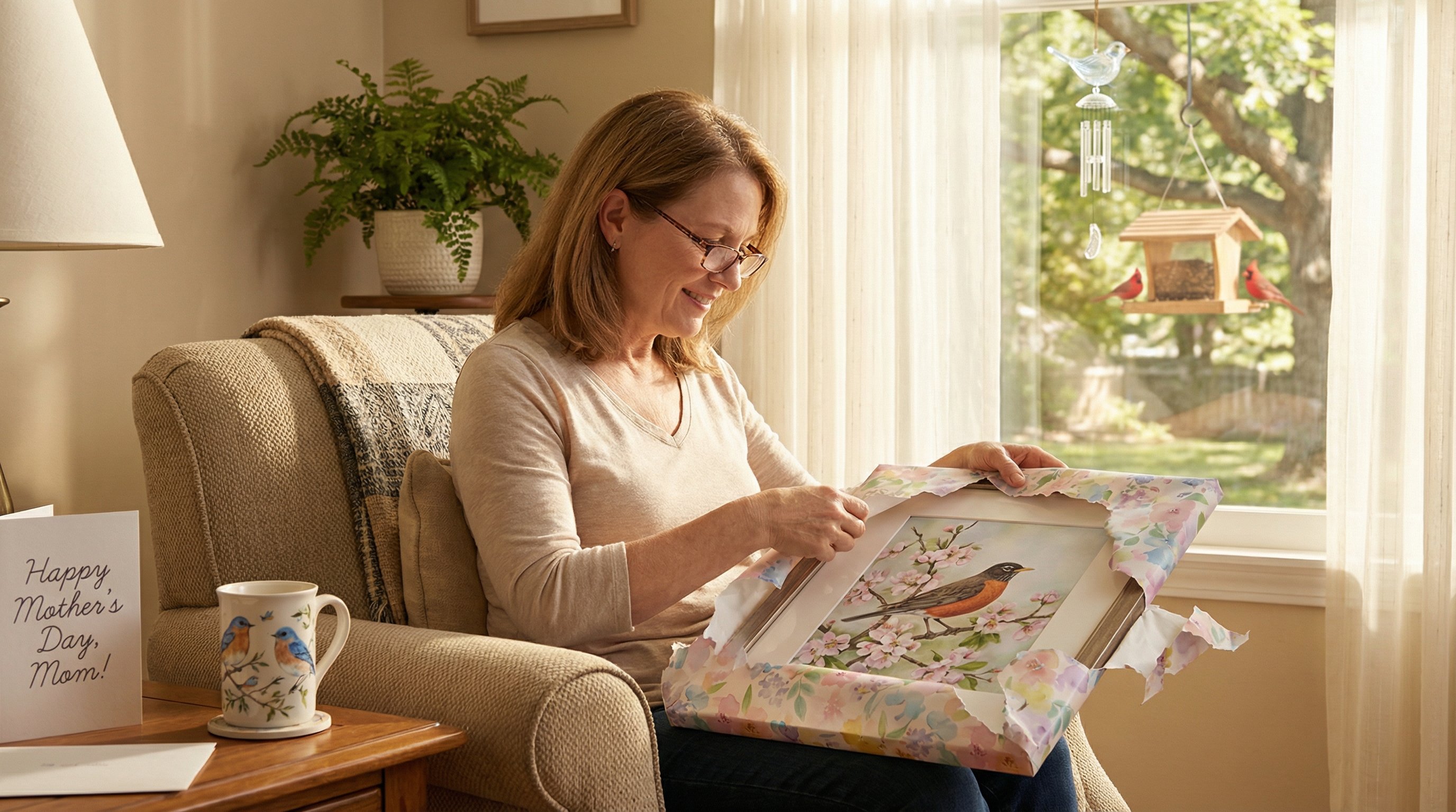 Woman unwrapping a framed bird art print as a Mother's Day gift.