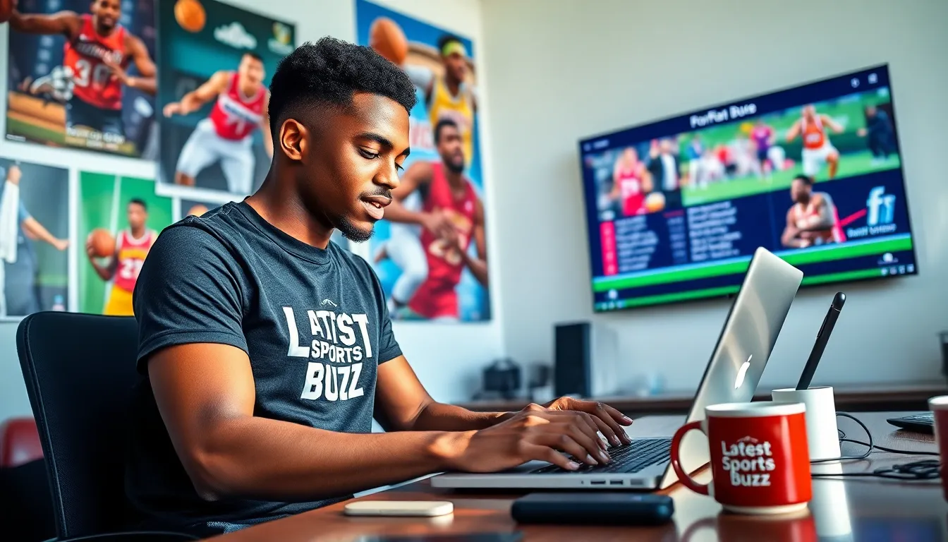 A young journalist engaged with sports commentary and a contact form.