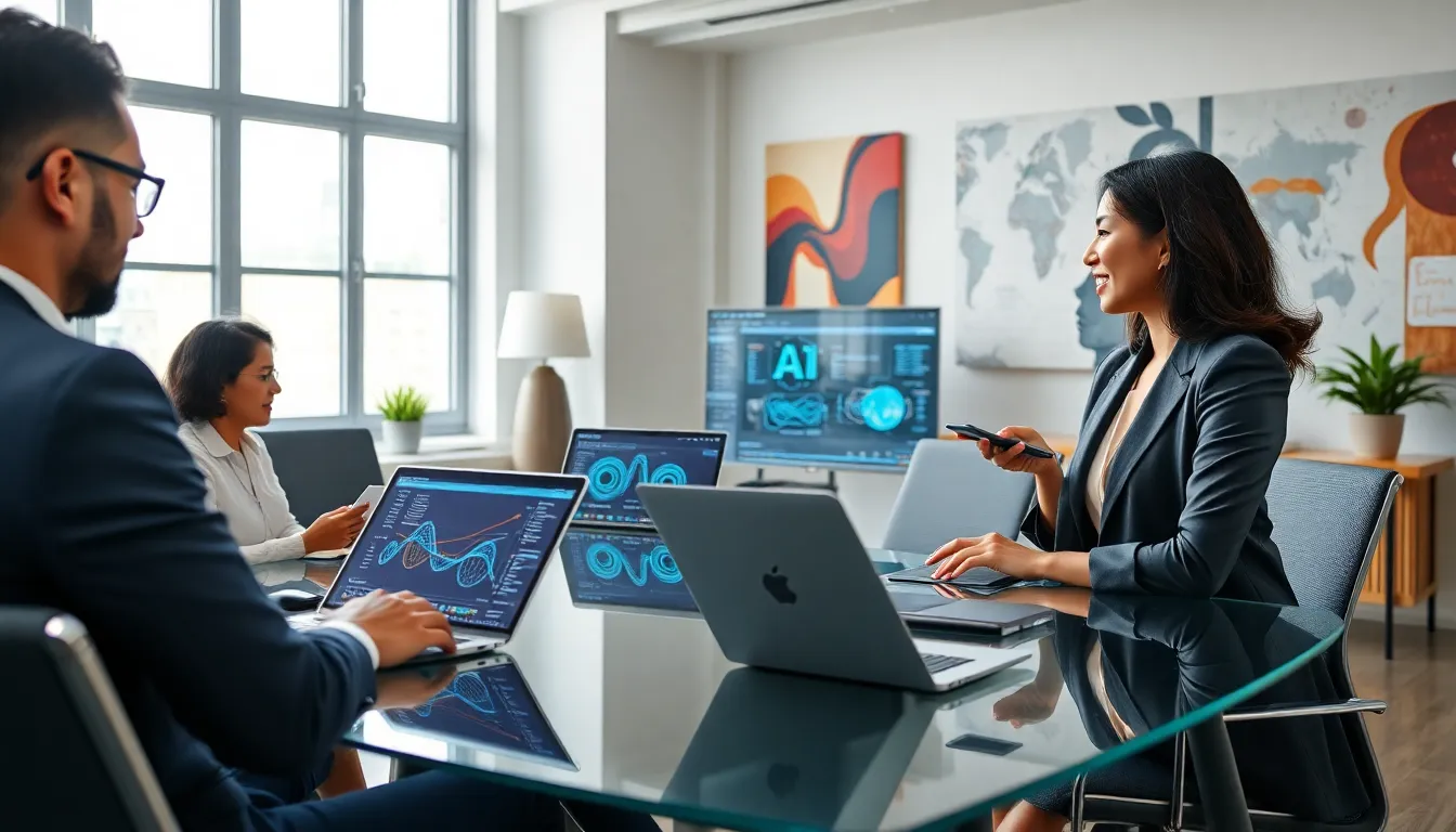 diverse professionals discussing artificial intelligence in a modern office.
