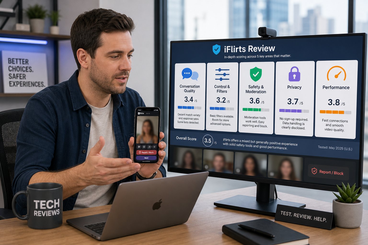 Reviewer scoring a video chat platform on a dashboard in a modern office.