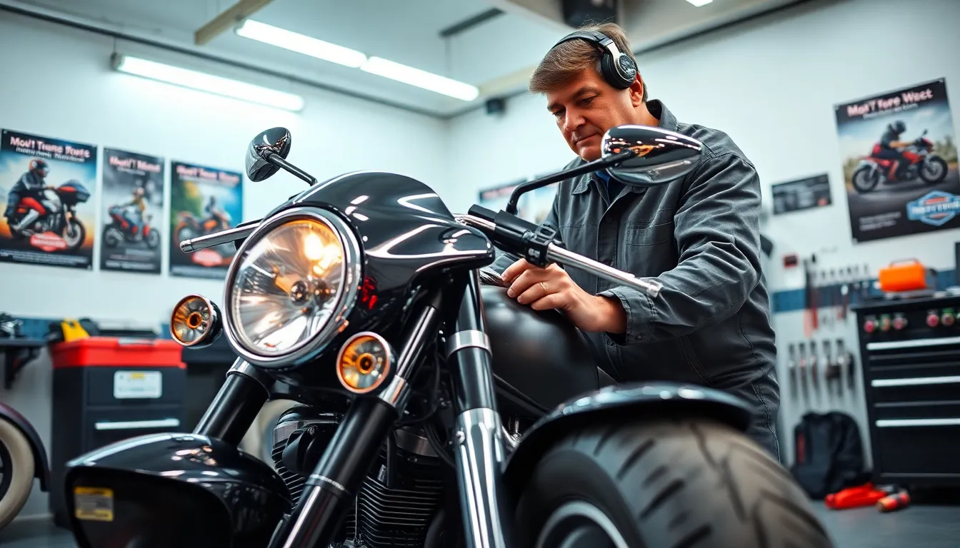 motorcycle technician performing a tune-up in a clean garage.