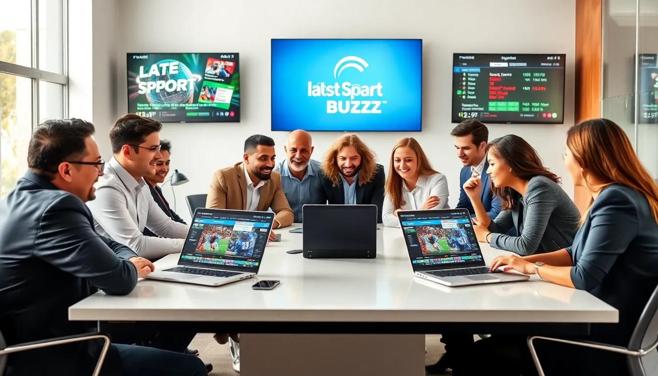 diverse team discussing sports news in a modern office.