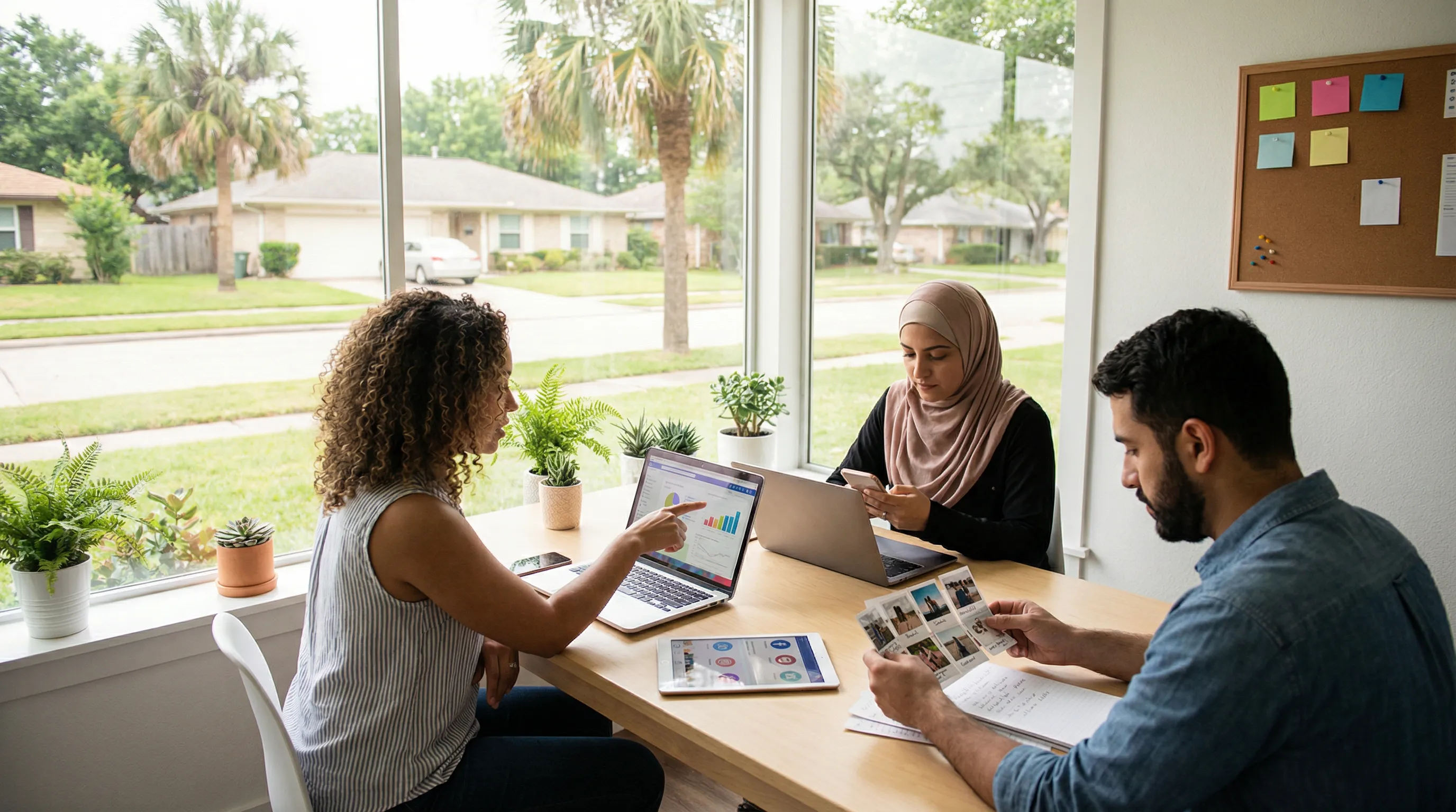 Social media management team in a modern Pearland office collaborating over laptops, phones, and printed content plans in natural light.