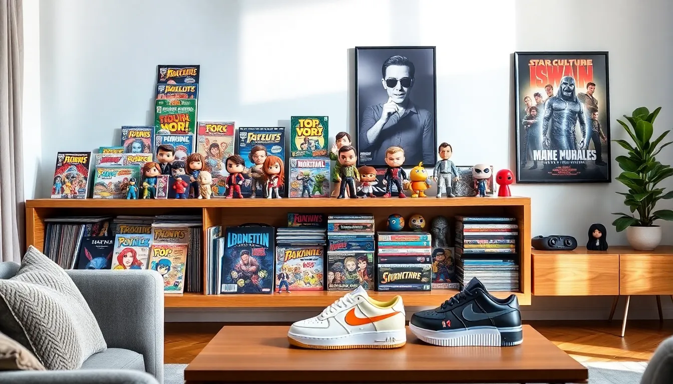 colorful display of pop culture collectibles in a modern living room.