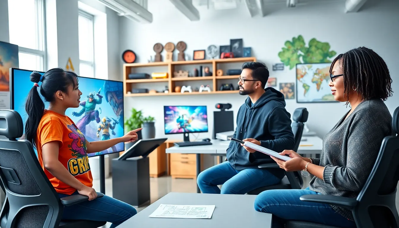a team of diverse game developers brainstorming in a modern office.