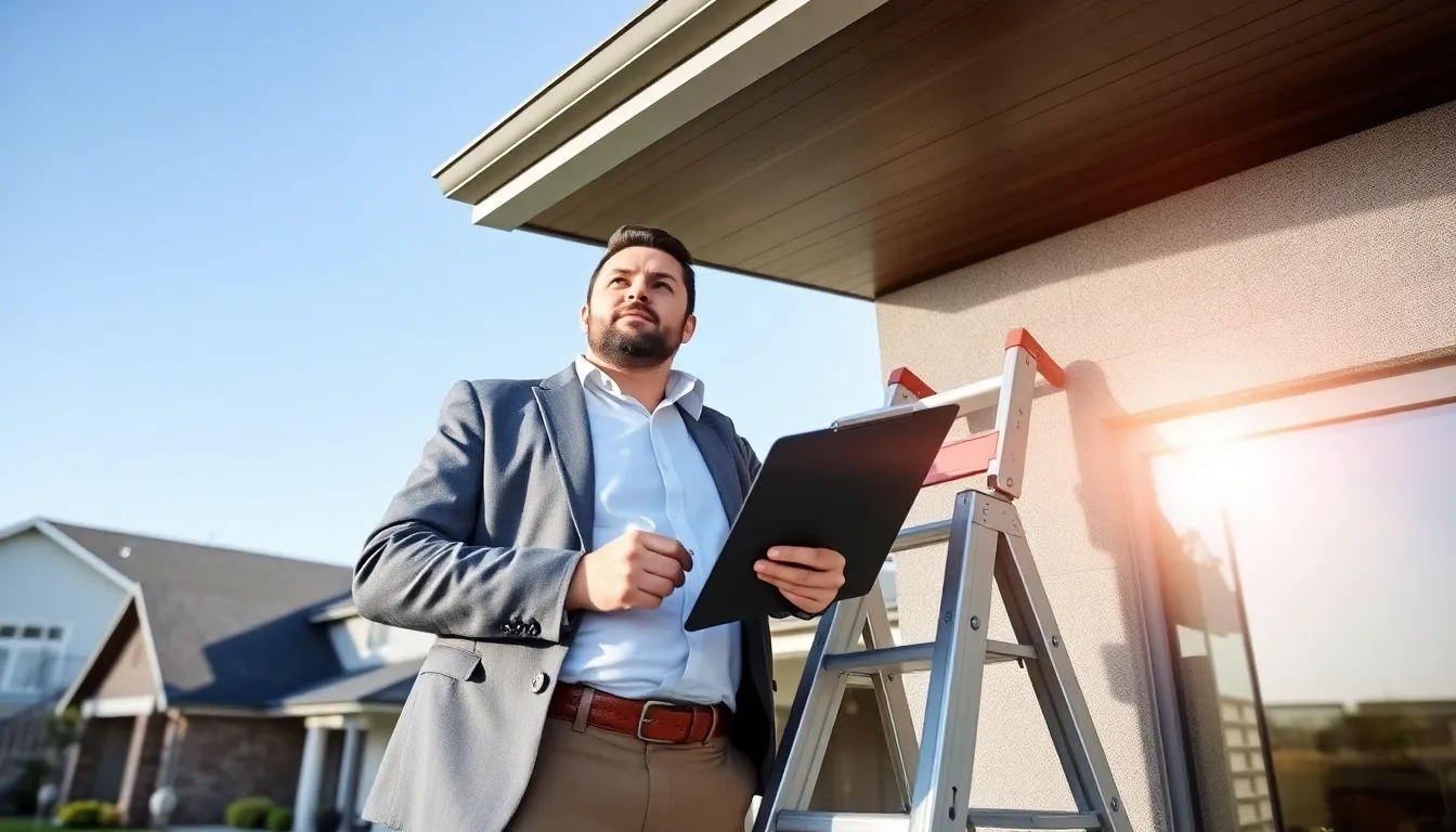 home inspector examining a roof in a suburban American neighborhood.