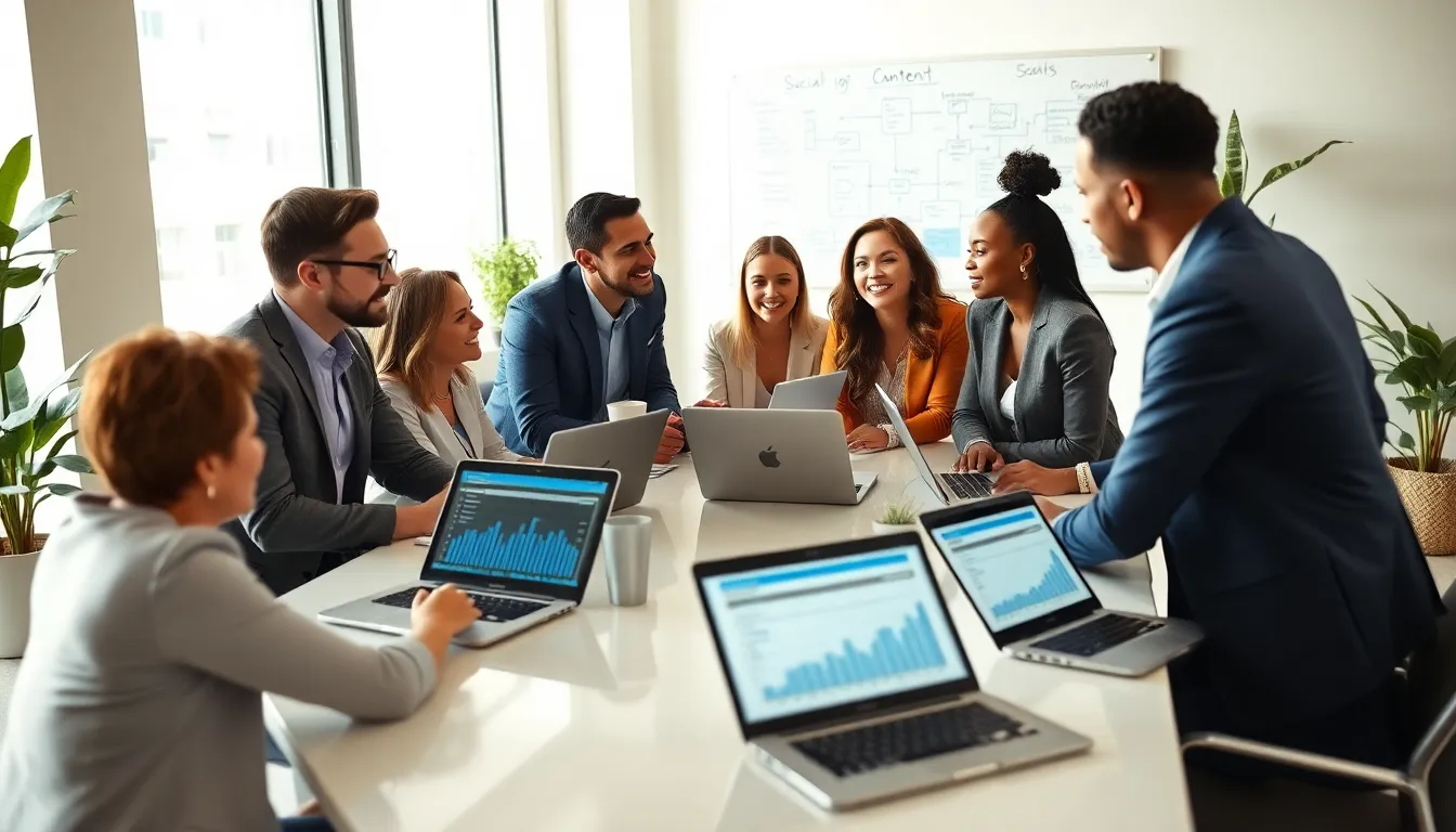 professionals collaborating on social media strategies in a modern office.