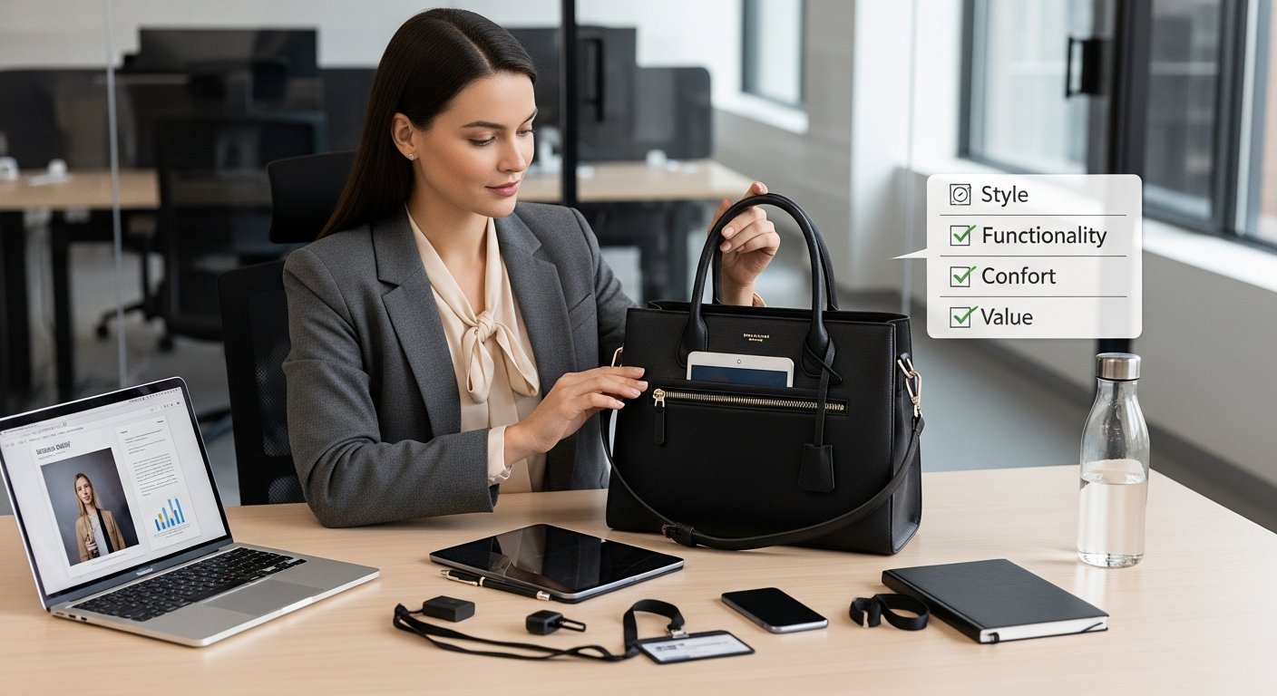 Professional woman assessing a designer work handbag in a modern tech office.