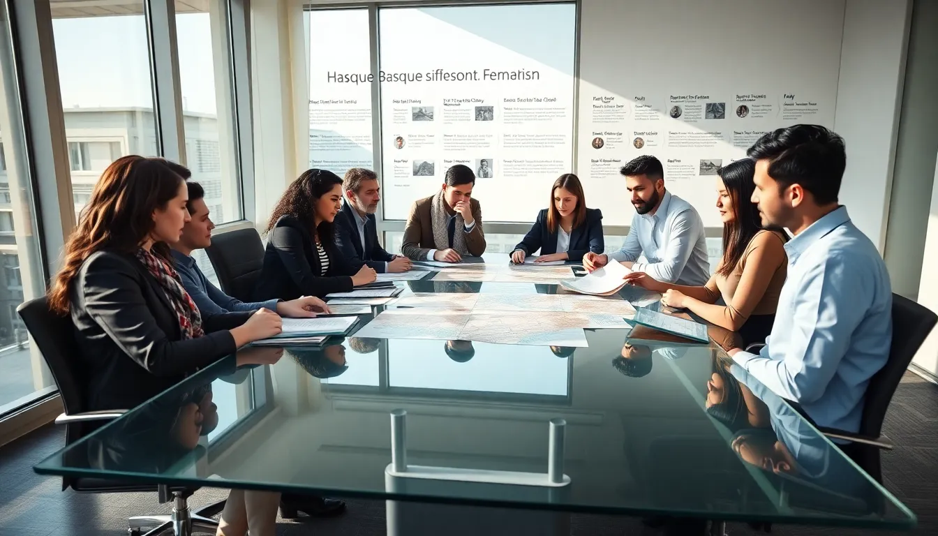 diverse team discussing Basque separatism in a modern office.
